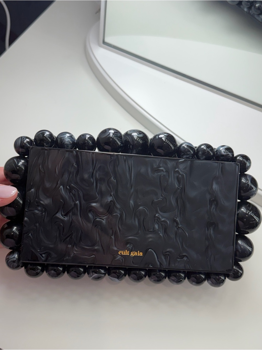 cult gaia black marbled beaded acrylic clutch